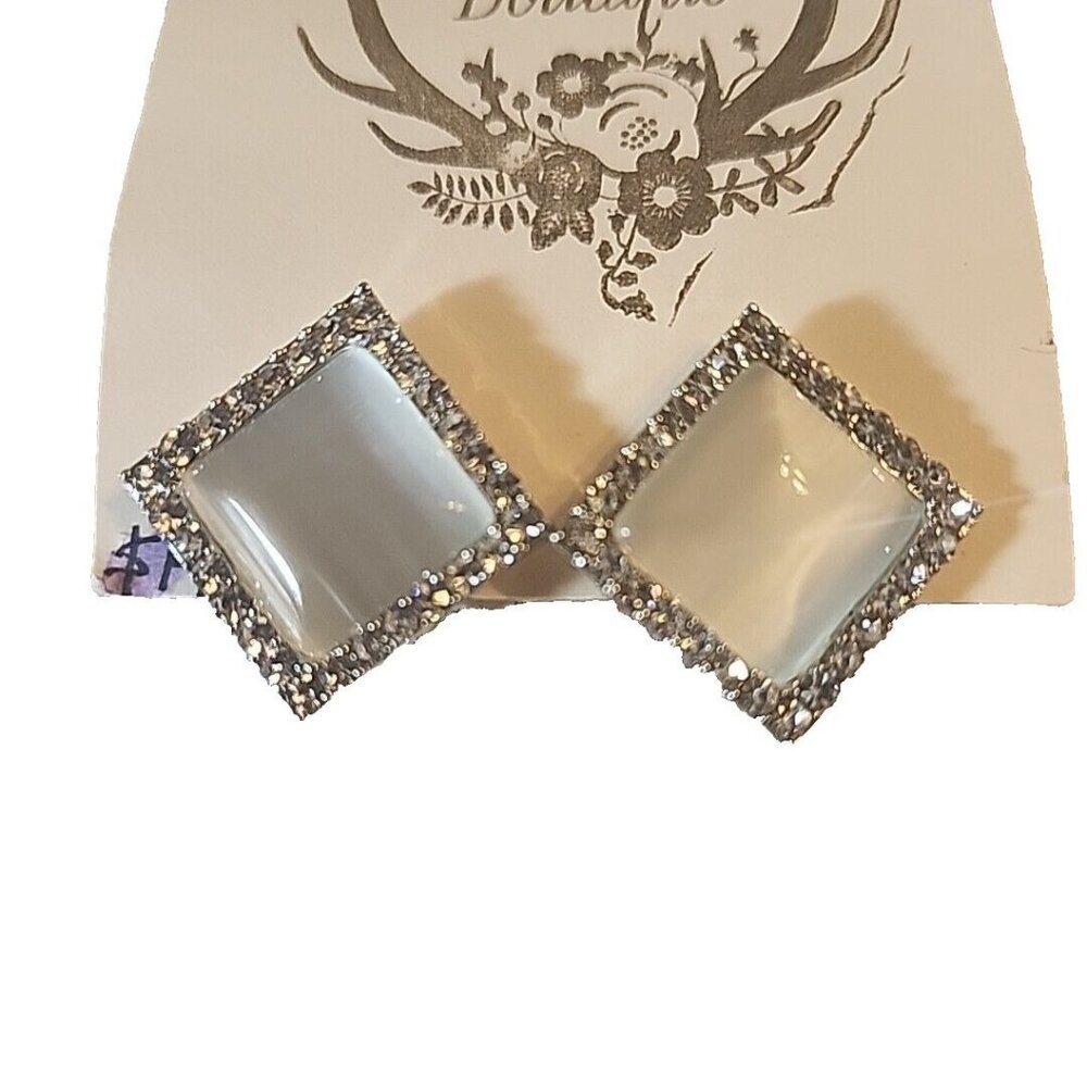3/4 Inch Square Shape Stud Pierced Earrings Crystals White